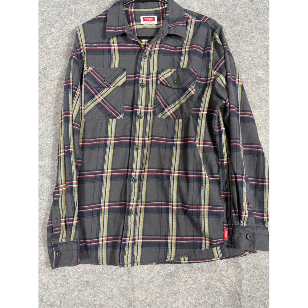 Wrangler Men's Plaid Flannel Long Sleeve Button Up Shirt Gray Yellow Red Size M